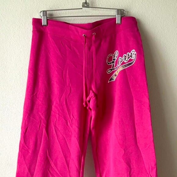 Love N Kisses y2k 2000s Pink Rhinestone Flared Track Pants M - Picture 1 of 5